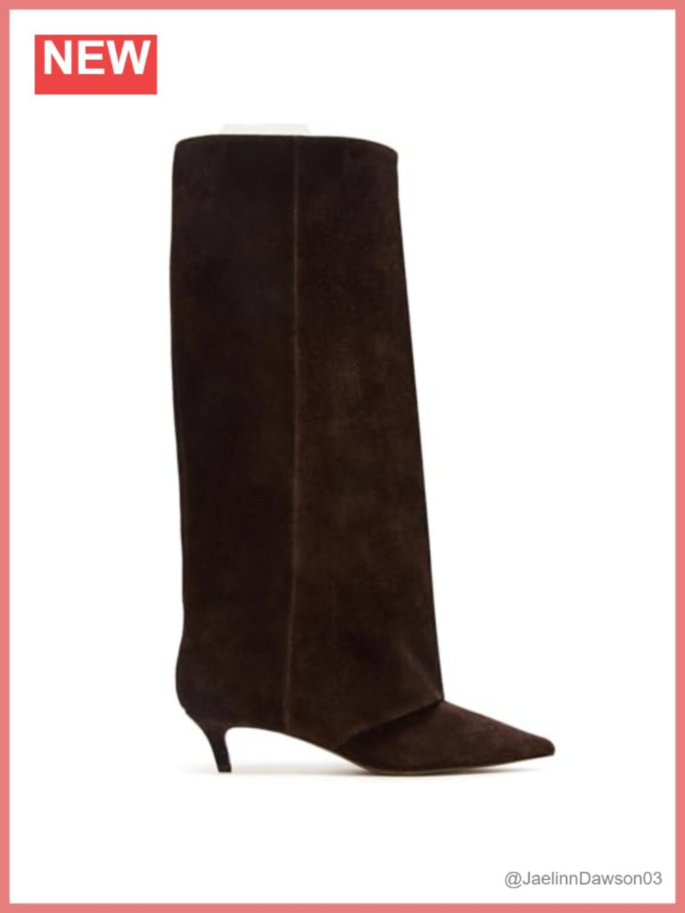 Women's Brown Suede Knee High Pull On Boots Pointed Toe 2 Inch Kitten Heel Fold
